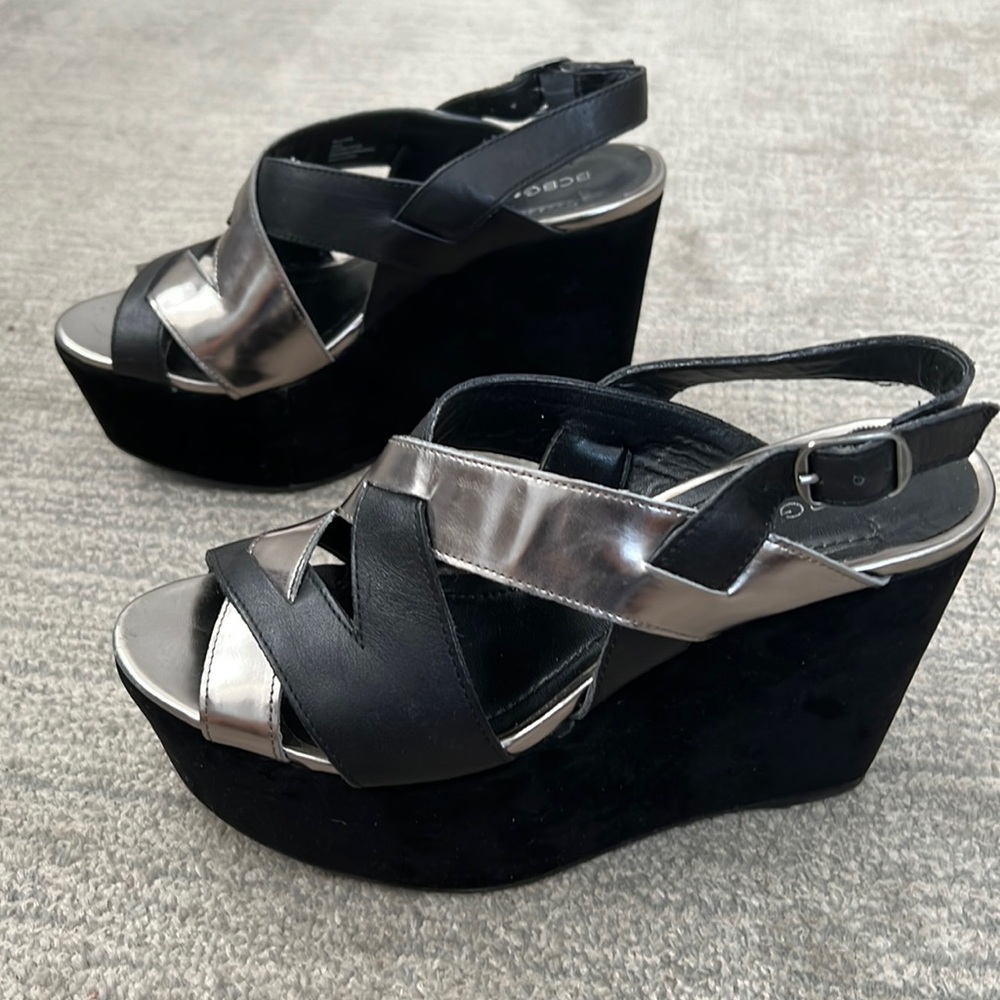 BCBG Black and Silver Velvet and Leather Platform Wedges